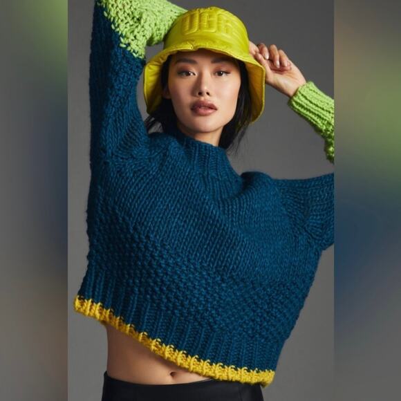 Anthropologie Dr Bloom Tamborito Color Block Sweater Teal Green Yellow - Picture 1 of 8
